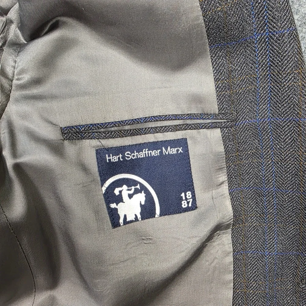 Hart Schaffner Marx Wool‎ Blazer Men 42PT Gray Herringbone Tweed Windowpane USA